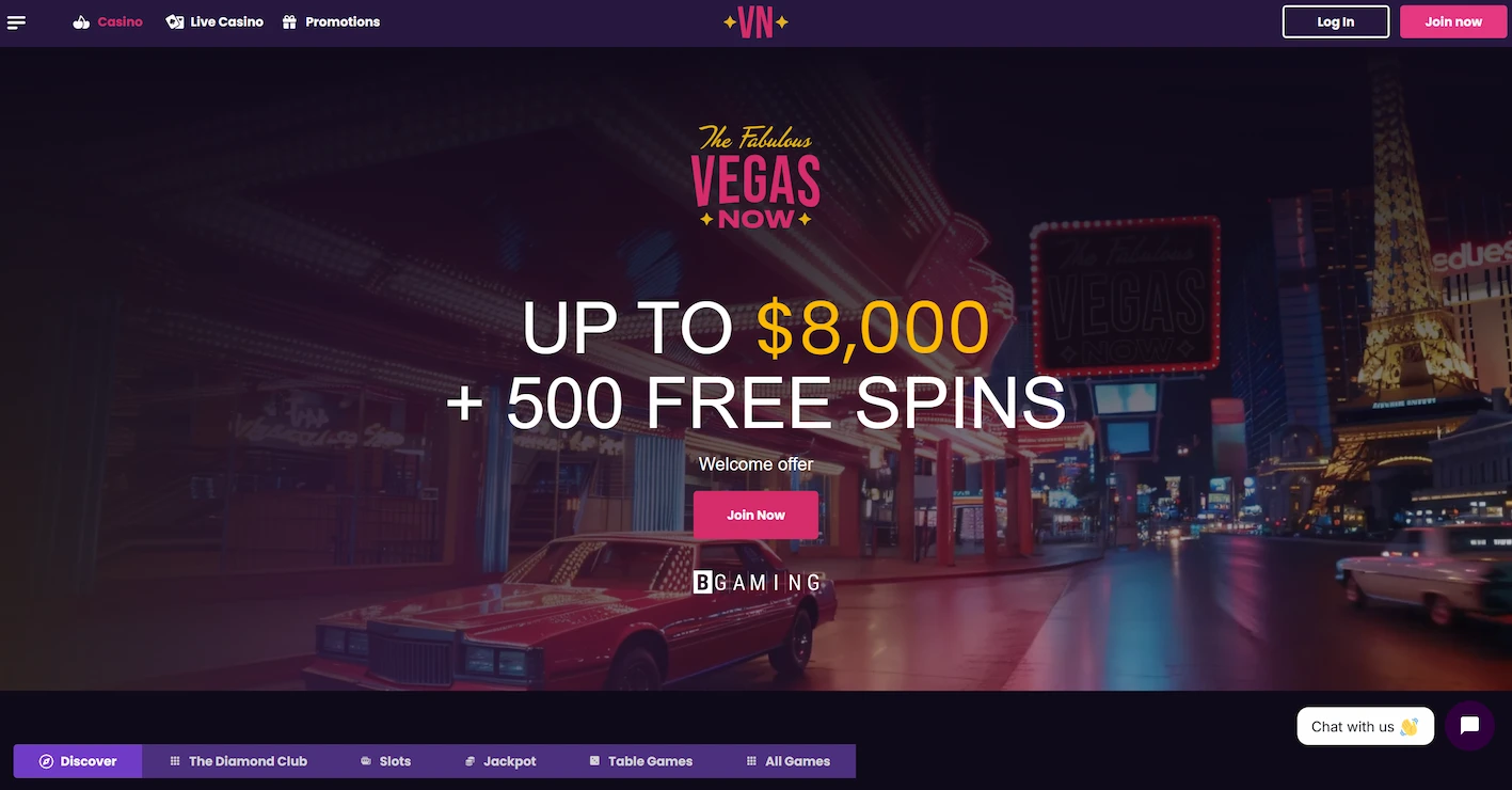 VegasNow casino homepage displaying welcome offer and main site navigation